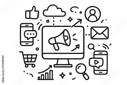 Digital marketing concept illustration. Customer engagement via social media, email, search engine optimization. Online advertising, promotion, e-commerce, business growth icons.