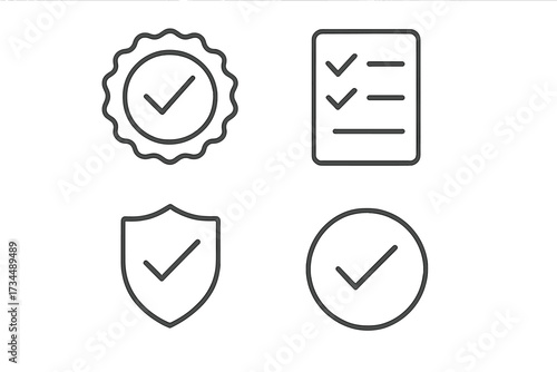Check mark icon set in thin line style. Vector collection of approval and verification symbols. Includes quality seal, secure shield, checklist, and accepted circle signs.
