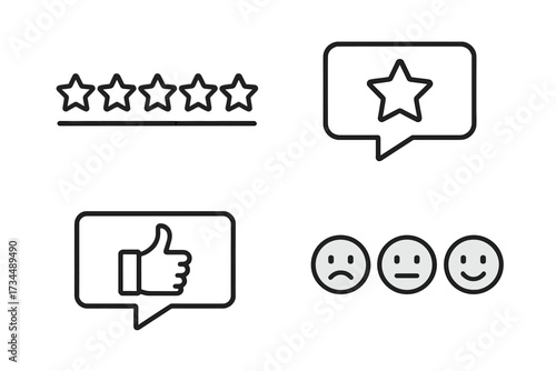 Customer review and feedback vector icon set. Star rating, like button, and satisfaction emoticons. Thin line symbols for quality survey, user experience, app, and web design.