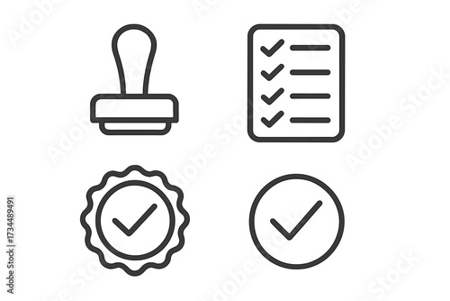 Check mark icon set in line style. Vector collection for web design. Includes concepts like stamp, checklist, verified, approval, accepted, quality seal, and completion.