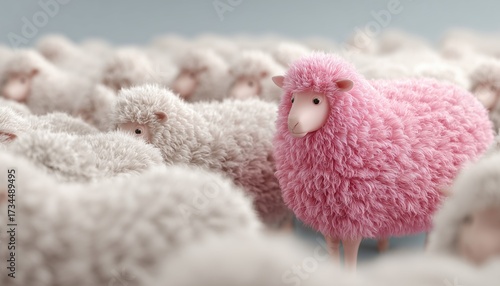 Dare To Stand Out: Cute And Funny Pink Sheep Standing Out Among Dull White Ones With 'Be Yourself' Lettering