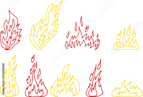 A collection of large blazing flames, drawn with red and yellow curved lines in grunge style
