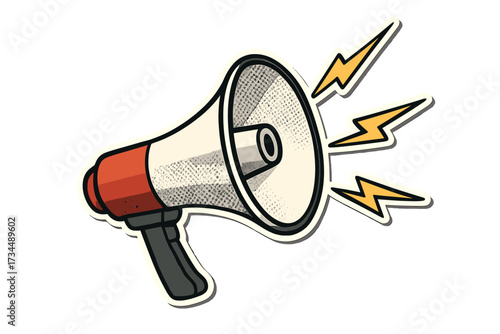 Retro megaphone vector icon. Loudspeaker for advertising, promotion, marketing. Bullhorn sticker for announcement, news, alert. Pop art comic style sound symbol. Propaganda protest.