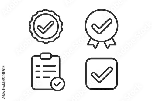 Check mark line icon set. Quality control, verification, approval symbols. Certified stamp, approved medal, completed checklist, done tick box for UI and UX web design.