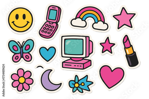 Trendy Y2K girly sticker set with 90s retro nostalgia. Vector cartoon halftone elements collection. Cute torn paper design with computer, phone, rainbow, and heart.