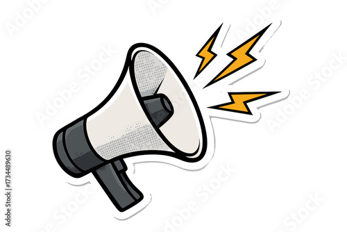 Retro megaphone vector for promotion and advertising. Loudspeaker pop art sticker with halftone. Symbol of announcement, alert, and news. Loud sound or voice marketing concept.