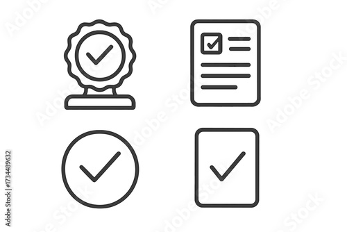 Check mark icon set in thin line style. Approved symbol collection. Quality guarantee stamp, verified document, accepted checklist signs for web and app user interface.