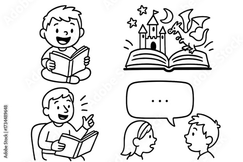 Child reading and storytelling doodle set. Imagination concept with fantasy book, magic castle, dragon. Kids in conversation. Education and learning cartoon icons collection.