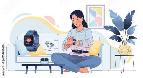 Young woman using smart watch at home for health monitoring and technology engagement in daily