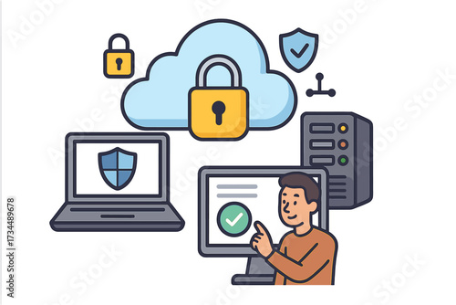 Cloud computing cybersecurity concept. IT administrator ensuring data protection and network safety. Vector illustration with server, firewall, VPN, privacy, and secure connection icons.