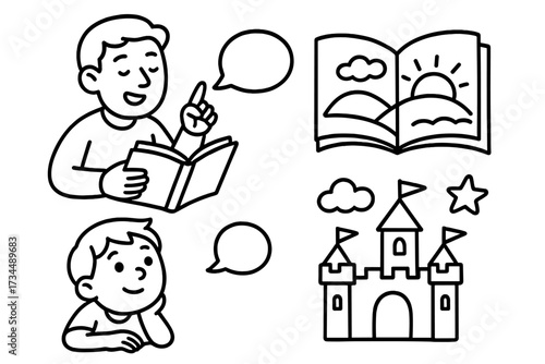 Vector doodle set of storytelling and imagination. Man reading fairy tale book to a boy. Icons for education, learning, childhood fantasy, castle, knowledge, and literature.