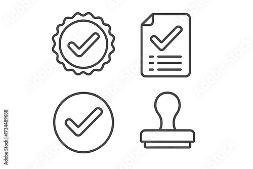 Check mark icon set in line style. Approved, accepted and verified symbols. Quality certificate stamp. Checklist document and validation sign. Vector correct choice icons.