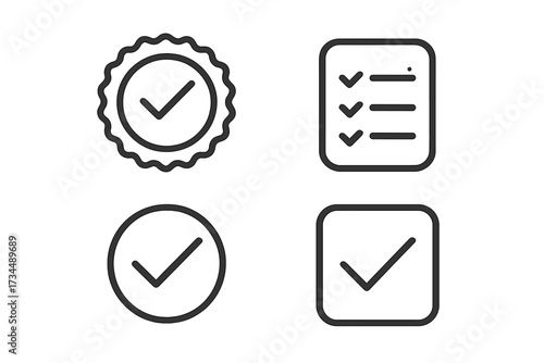 Check mark web icons in thin line style. Vector illustration set with stamp, check list, verified symbol, approval sign, and accepted checkbox. Quality and success concept.