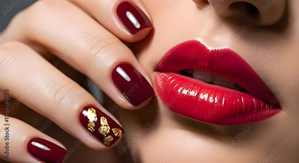 Naklejka premium Close-up of woman's glossy red lips and dark red manicure with gold foil nail art isolated PNG with Transparent Background