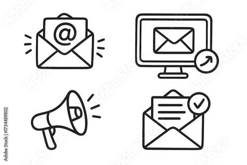 Email marketing doodle icon set. Vector cartoon line art illustration for newsletter campaign, digital promotion, and online communication. Send message and announcement icons.