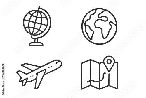 Travel and tourism icon set in thin line style. Globe, earth planet, airplane, and map with location pin. World trip, global business, and navigation concept. Vector icons.