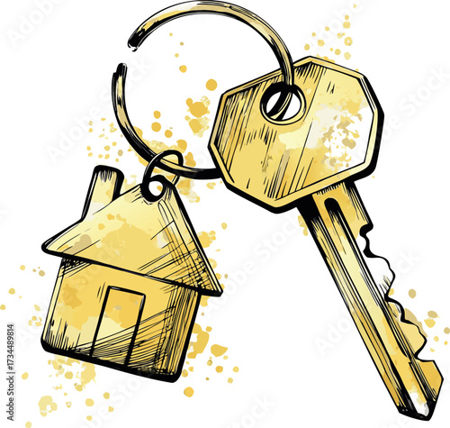 New Home Ownership: A single golden key attached with key tag depicts a new home, symbolizing dreams, safety and shelter.