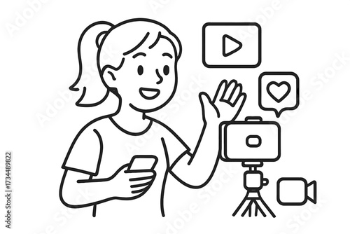 Girl vlogger recording video for social media. Young woman content creator, influencer streaming online. Live broadcast, webinar concept with smartphone, likes. Vector line art.