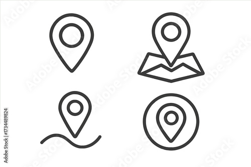 Location pin icon set. Map pointer, navigation marker and destination symbol. GPS position sign for web and app. Vector linear illustration of address or route locator.