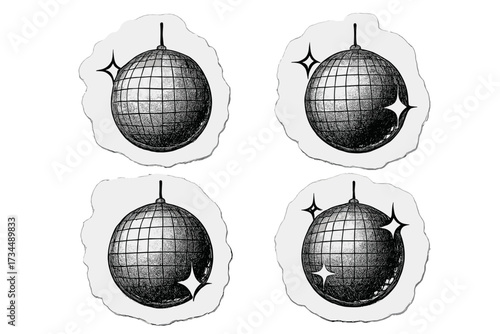 Set of disco ball collage stickers. Hand-drawn vector illustration with torn paper cutout effect. Vintage retro party mirror ball with sparkles. Abstract halftone dotted globe.