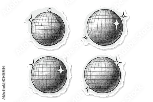 Disco ball vector sticker set. Halftone cutout collage style. Vintage retro 70s party mirror ball with sparkles. Monochrome hand drawn illustration for nightclub poster design.