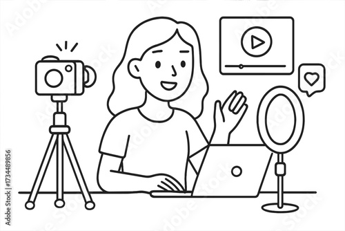 Woman vlogger recording video for blog. Female streamer broadcasting live. Influencer creating content with camera, laptop, ring light. Online streaming and blogging concept.