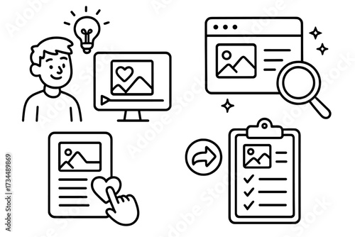 Content creation and digital marketing doodle icon set. Vector illustration of social media strategy, SEO, user engagement, planning, likes, and content ideas. Cartoon line art.