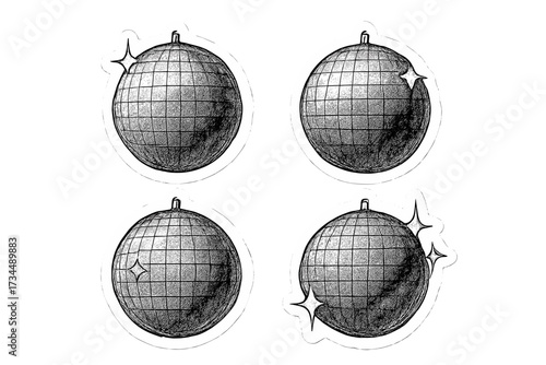 Vector set of disco ball stickers in halftone collage style. Torn paper effect. Silver vintage mirror ball cutout. Abstract dotted globe with sparkles. Retro party y2k design element.