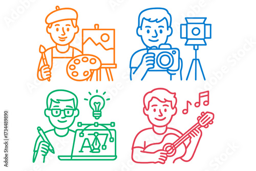 Creative professions icon set. Artist painter, photographer, graphic designer, musician characters. Color line art vector illustration. Creativity, hobby, job, career concept.