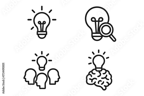 Creativity and idea line icon set. Concepts of brainstorming, teamwork, innovation, and finding a solution. Vector icons of lightbulb, brain, and group thinking for web design.