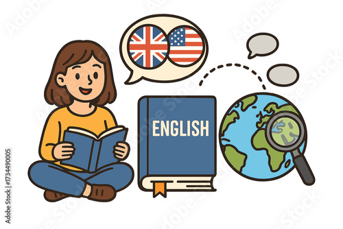 English language learning concept. Student studying from book. International communication with UK and USA flags. Global education, learn abroad and travel cartoon vector.