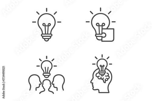 Line icon set of creativity and idea generation. Vector symbols for brainstorming, innovation, finding a solution. Light bulb in head, teamwork, and puzzle piece metaphor.