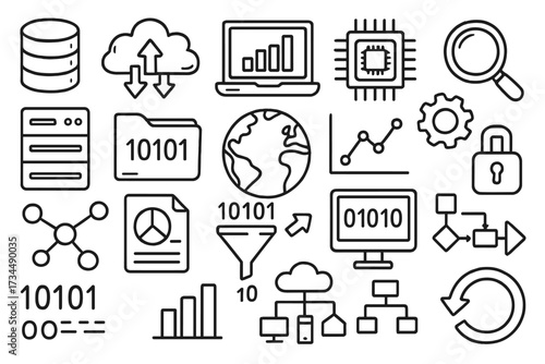 Big data analytics and data science outline icon set. Database, cloud computing, server technology. Business intelligence, information processing and machine learning vector icons.