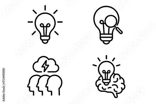 Creativity and idea icon set. Line art symbols for innovation, solution, and inspiration. Includes brainstorming, creative thinking, brain, lightbulb, and research concepts.