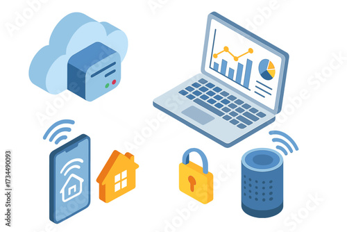 IoT analytics isometric illustration. Smart home automation with cloud computing, data analysis. Concept of network security, connected devices, and modern digital technology vector.
