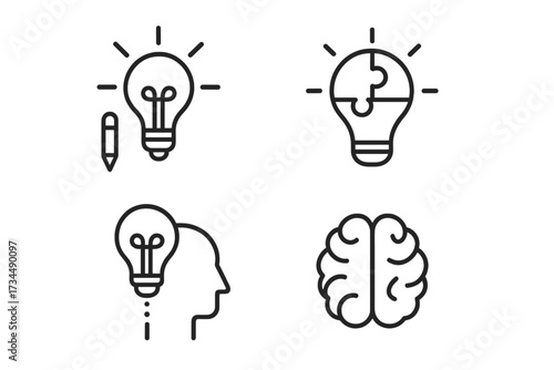 Creativity and idea web icons in thin line style. Vector collection for concepts like finding solutions, brainstorming, creative thinking, innovation, inspiration, and mind power.