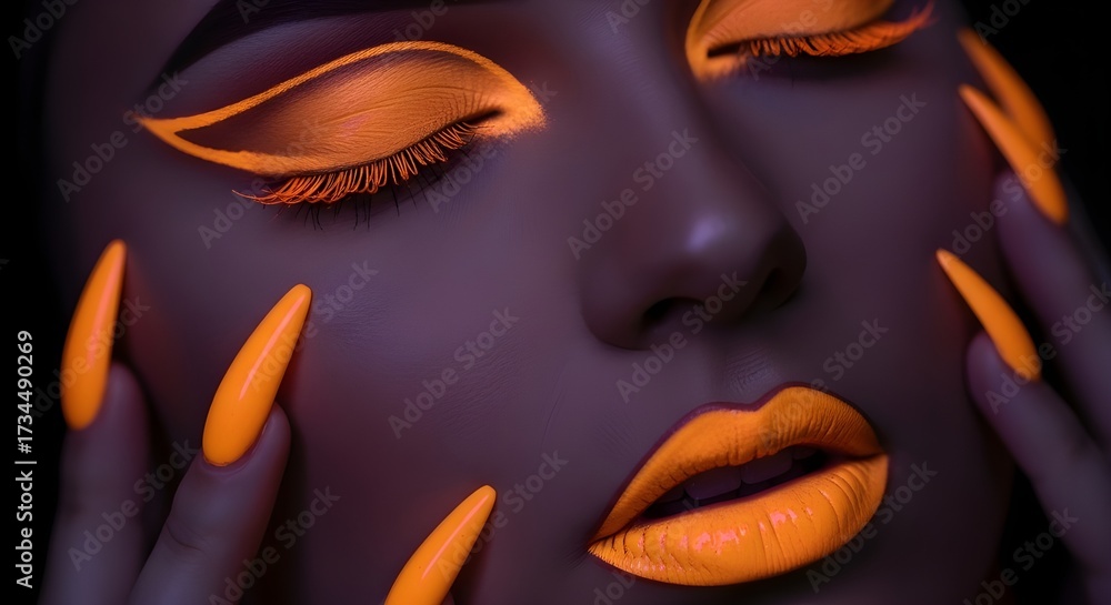 Fototapeta premium Close-up of Woman's Face with Dramatic Glowing Neon Orange Makeup and Nails under UV Light isolated PNG with Transparent Background