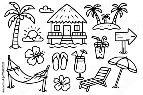 Summer vacation beach doodle set. Hand drawn tropical travel elements collection. Line art icons of palm tree, bungalow, hammock, and cocktail for a paradise island holiday.