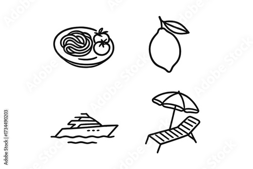 La dolce vita minimalist line art icon set. Hand drawn vector illustration of Mediterranean summer vacation: pasta, lemon, yacht, and beach sun lounger for social media.