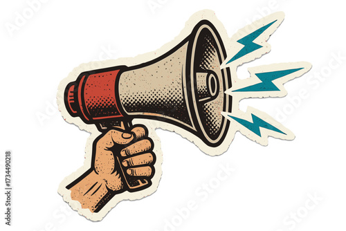 Hand holding loudspeaker. Torn paper sticker for collage. Retro megaphone with lightning. Announcement concept. Grunge punk element. Vector halftone illustration for protest or news.