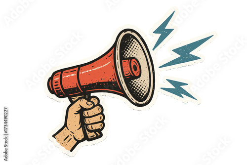 Hand holding loudspeaker, torn paper sticker for collage. Retro megaphone with lightning. Vector halftone illustration for protest, announcement. Grunge punk propaganda element.