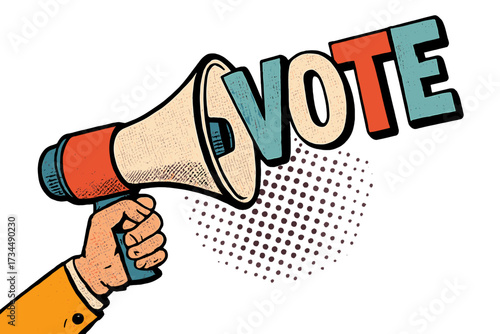 Hand holding megaphone with VOTE text. Pop art cartoon for 2026 political election campaign. Retro vector illustration with halftone effect. Democracy and civil duty concept.