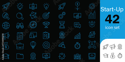 Icon set of start-ups | Blue thin line editable icon set on black background for web, presentation, development, mobile app, annual report
