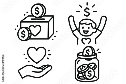 Donation icon set for charity and fundraising. Vector line art collection. Concept of giving money, volunteering, financial aid, support, help, and love. Donation box, money jar.