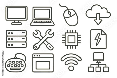 Computer technology and IT support linear icons. Vector set of web development, cloud computing, server data, network connection, repair service and hardware components symbols.