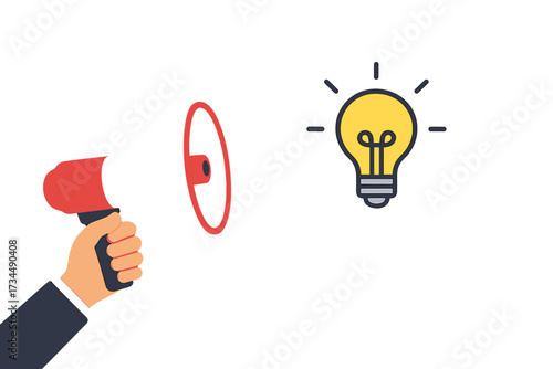 Hand holding megaphone announcing a new idea. Loudspeaker with light bulb. Concept for business, marketing, advertising, and promotion. Communication and innovation symbol.