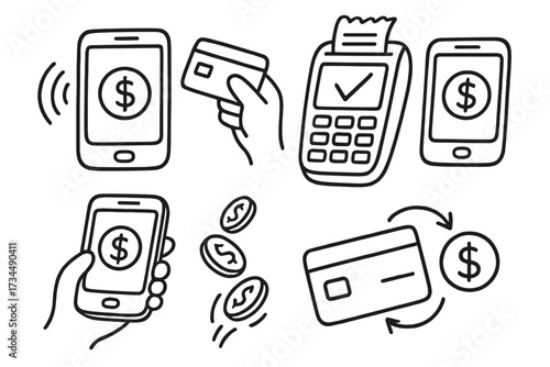 Mobile payment doodle icon set. Contactless transaction with phone and credit card. Online banking, e-commerce concept. POS terminal, digital wallet & money transfer vector.