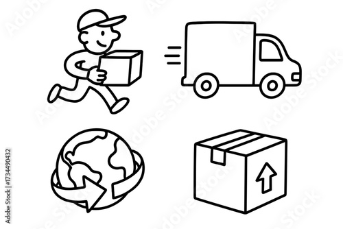 Delivery service icon set doodle concept. Fast shipping vector cartoon illustration. Courier running with package, transport truck, worldwide shipping, cargo box line art symbols.