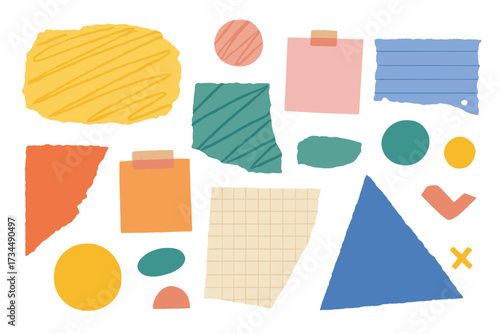 Torn paper collage vector set. Colorful ripped paper scraps with texture. Abstract sticky notes, notebook shreds, geometric shapes. Modern design elements for scrapbook, craft.