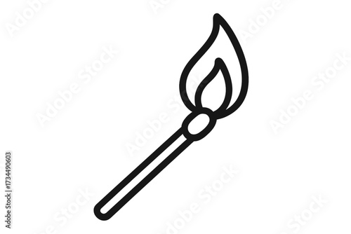 Matchstick outline icon with burning flame. Simple vector line art. Symbol of fire, heat, light, and ignition. Graphic element for web design, apps, adverts and logo concept.